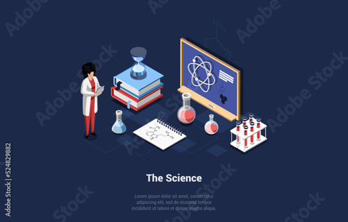 Concept Of Science And Pharmaceutical Pharmacology Laboratory Work. Scientist Woman In Uniform Research DNA, Molecular Biotechnology And Making Experiments. Isometric Cartoon 3d Vector Illustration
