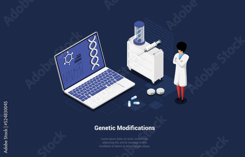 Concept Of Science Laboratory Researching And Genetic Modifications. Scientist Making Genetic Research, Modification DNA Molecular Tests. Genetic Engineer Scientists. Isometric 3d Vector Illustration