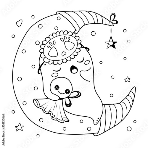 Kawaii ghost sleeping for Halloween coloring page. Outline cartoon vector illustration