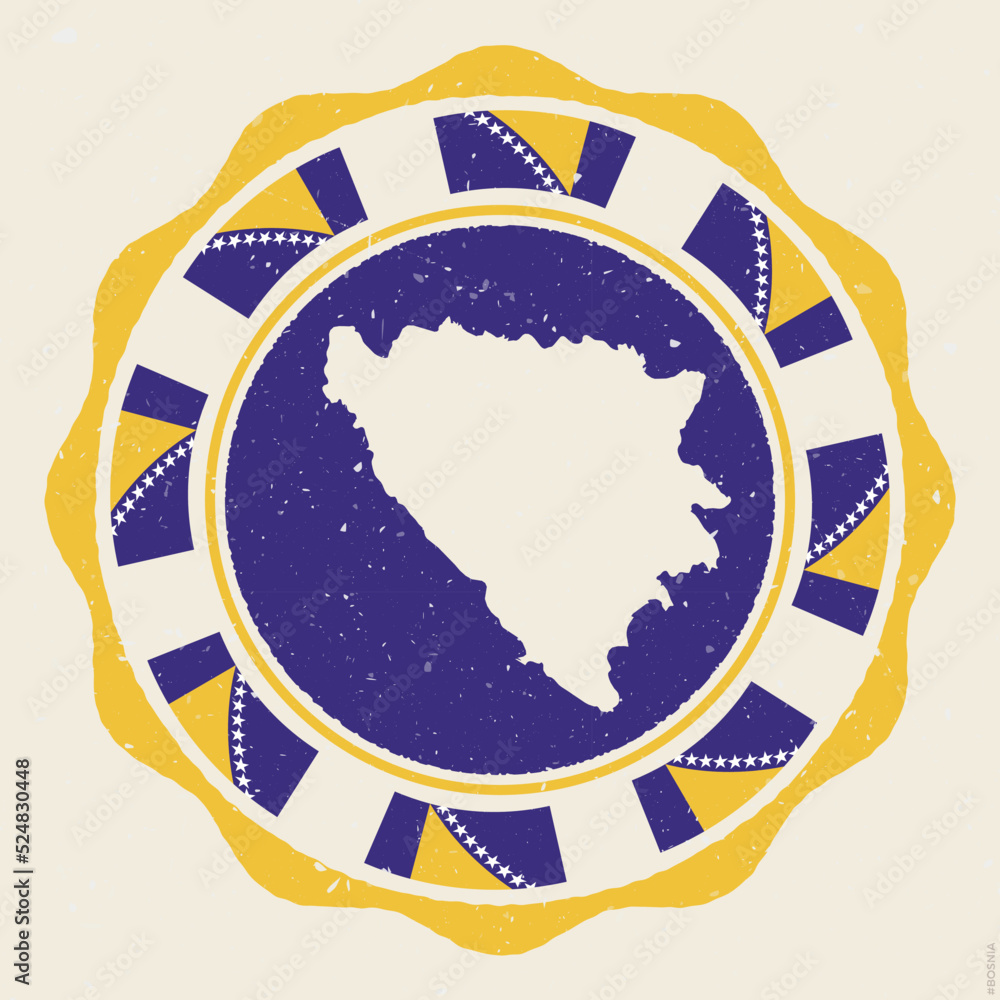 Bosnia vintage sign. Grunge round logo with map and flags of Bosnia