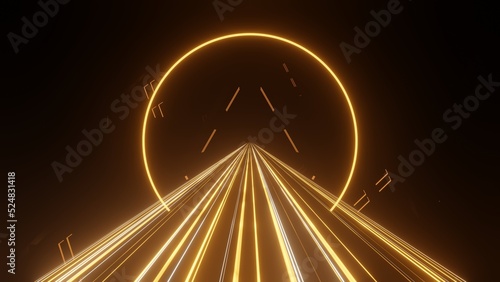 Spaceship Science ficiton Room Tunnel. Abstract colorful neon glowing light background. Speed light illuminated. Florescent on the dark scene. Curvy moving line shape. 3D render. photo