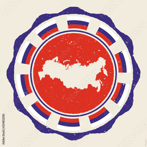 Russia vintage sign. Grunge round logo with map and flags of Russia. Powerful vector illustration.