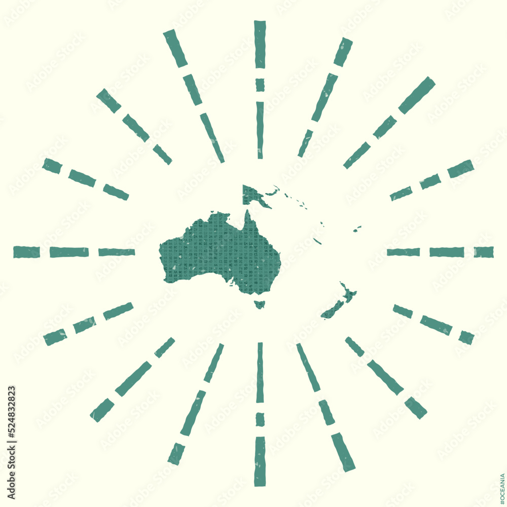 Oceania Logo. Grunge sunburst poster with map of the continent. Shape of Oceania filled with hex digits with sunburst rays around. Attractive vector illustration. Oceania Logo. Grunge sunburst poster with map of the continent. Shape of Oceania filled with hex digits with sunburst rays around. Attractive vector illustration.
