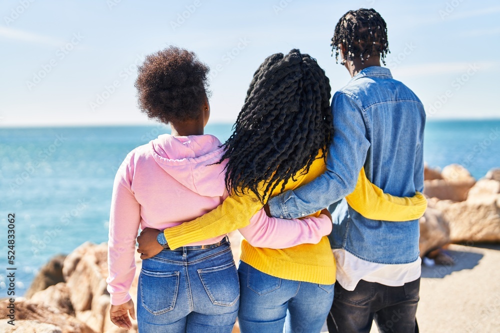 African american friends hugging each other on back view at seaside African american friends hugging each other on back view at seaside