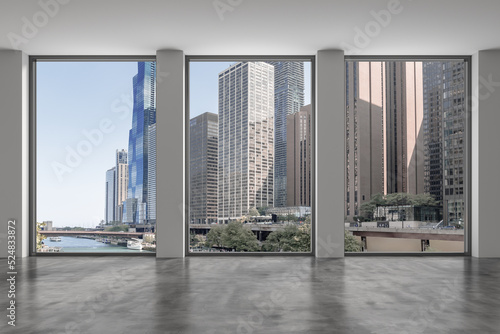 Downtown Chicago City Skyline Buildings from Window. Beautiful Expensive Real Estate. Epmty office room Interior Skyscrapers, River walk, bridge, waterfront view. Cityscape. Day time. 3d rendering.