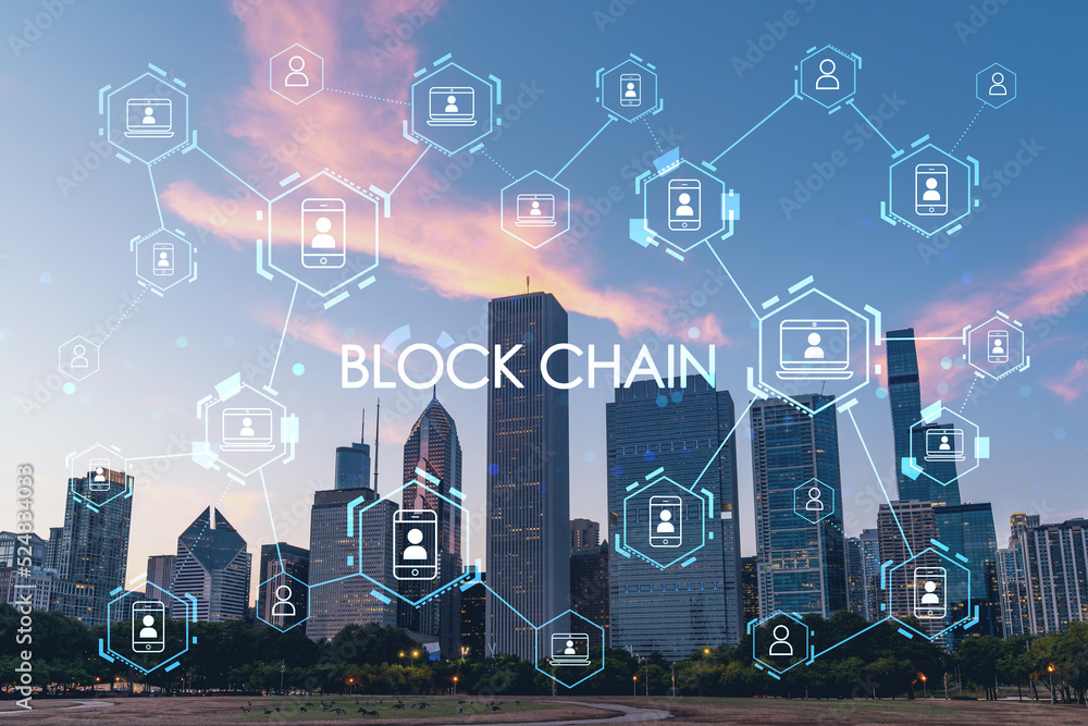 Chicago skyline from Butler Field to financial district skyscrapers at sunset, Illinois, USA. Parks and gardens. Decentralized economy. Blockchain, cryptography and cryptocurrency concept, hologram Chicago skyline from Butler Field to financial district skyscrapers at sunset, Illinois, USA. Parks and gardens. Decentralized economy. Blockchain, cryptography and cryptocurrency concept, hologram