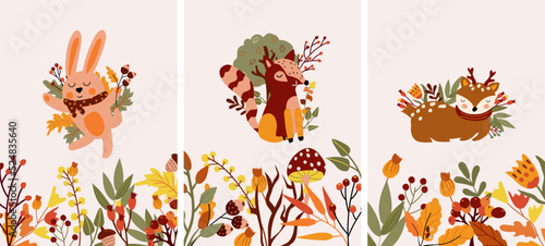 Cute Autumn composition with a funny rabbit, deer and raccoon, and autumn leaves, mushroom. Perfect for web, harvest festival, banner, card and Thanksgiving. Vector illustration. 
