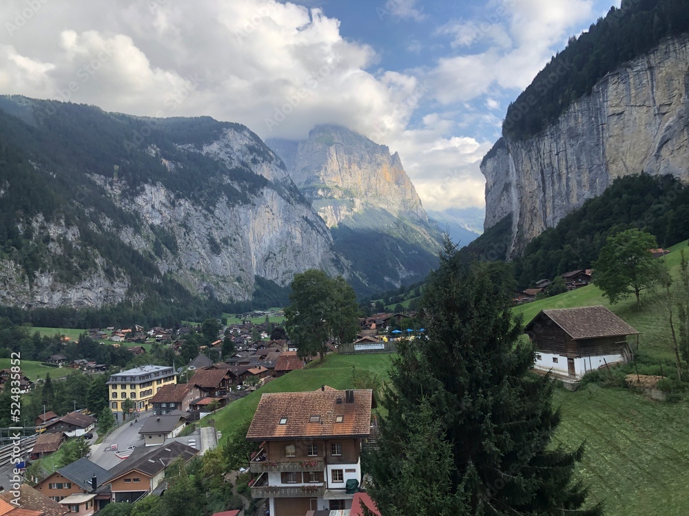 Lauterbrunnen valley panoramic view, Swiss Alps, Switzerland, summer 2022. Most beautiful Swiss landscape photos and popular Switzerland tourist destinations. Alpine scenery