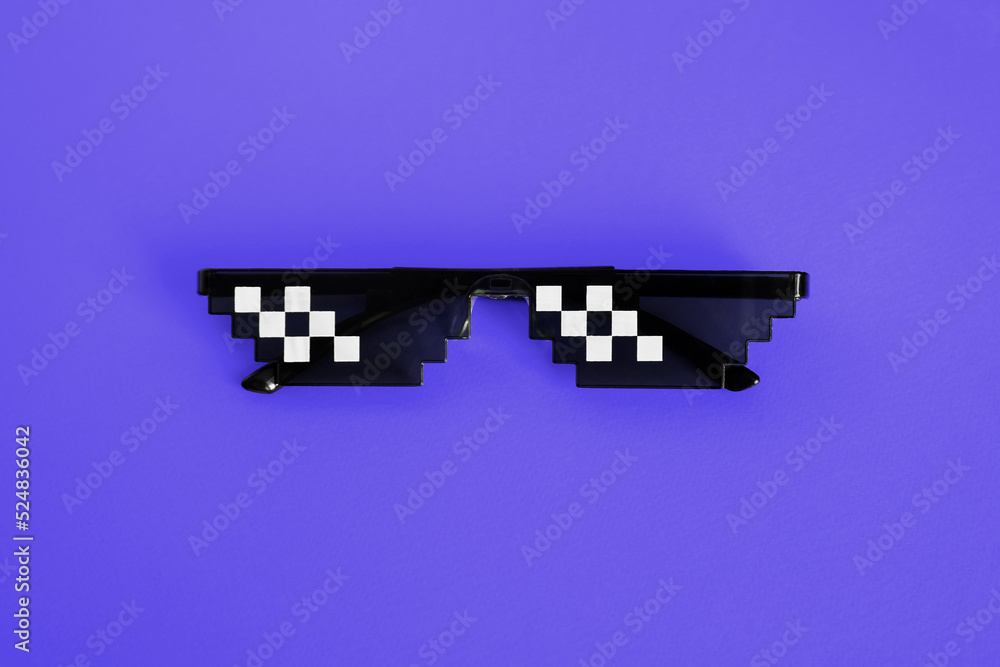 Funny pixelated boss sunglasses on new blue Gangster, Black thug life meme glasses . Pixel 8bit style. Color the Year 2022. Very Peri Stock-foto | Adobe Stock