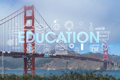 The iconic view of the Golden Gate Bridge from South side at day time, San Francisco, California, United States. Technologies, education concept. Academic research, top ranking university, hologram