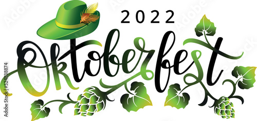 Oktoberfest lettering with germany green hat, hop leaves and hop cones. Beer festival decoration banner.
