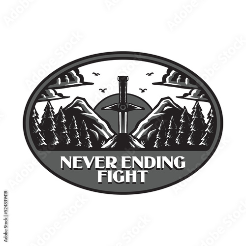 Oval shaped emblem of sword stuck on the rock