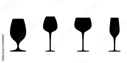 A set of glass icons. Vector illustration. A glass for water, red wine, white wine, champagne. Black silhouettes isolated on a white background.
