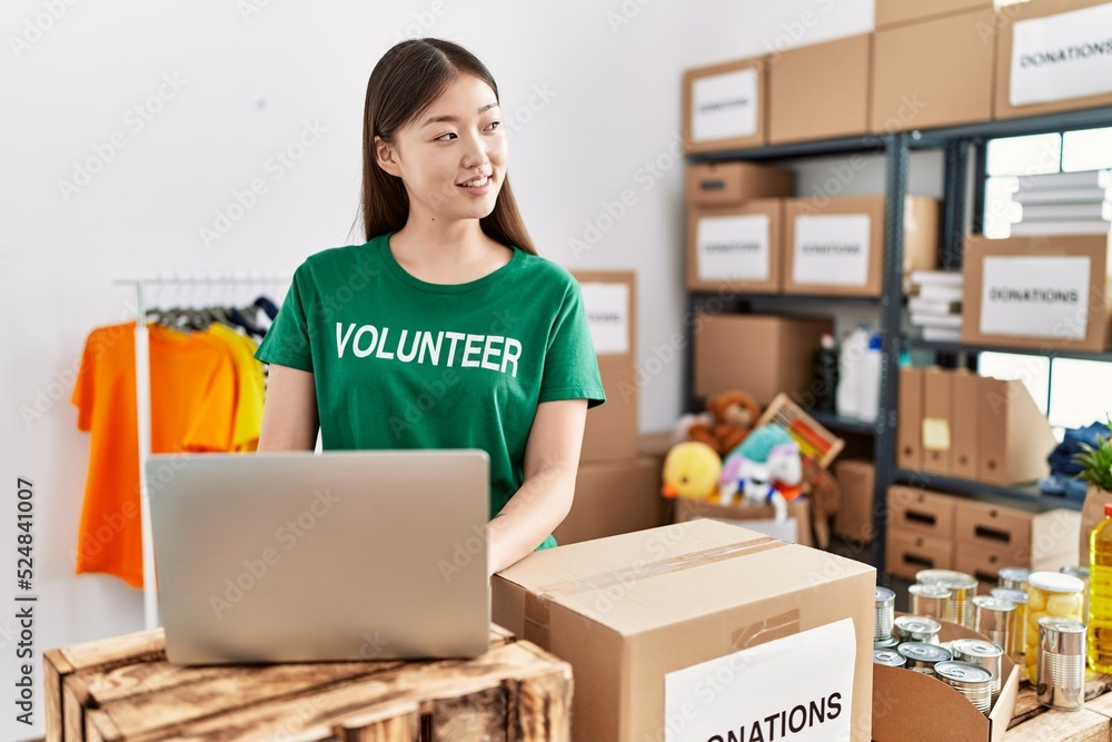 Young asian woman smiling using laptop at donations stand Young asian woman smiling using laptop at donations stand