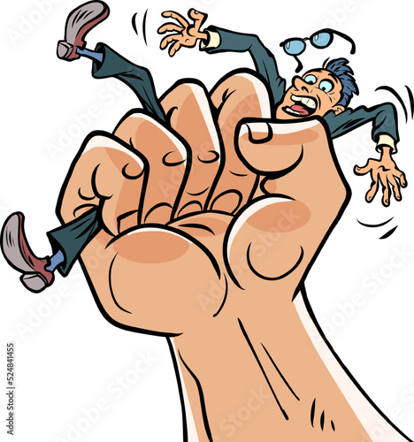 A mans fist squeezes a businessmans man. Pressure stress, politics and dictatorship concept