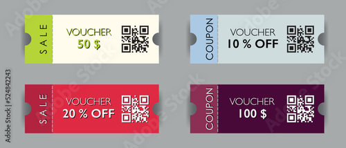 Group of colorful paper tickets, coupons and vouchers with sale offer. Marketing and advertising templates and mockups