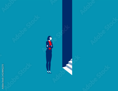 Businesswoman entering. Business accessibility vector illustration concept