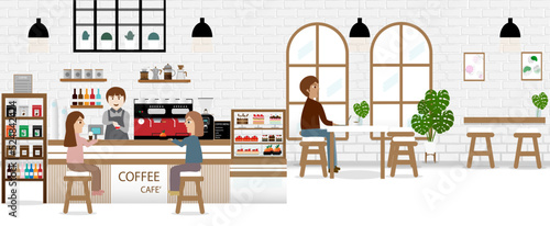 People in cozy cafe  coffee shop interior  customers and waitress  vector illustration. Stylish coffee house with cozy atmosphere. Smiling friends meeting in cafe and talking over a cup of tea