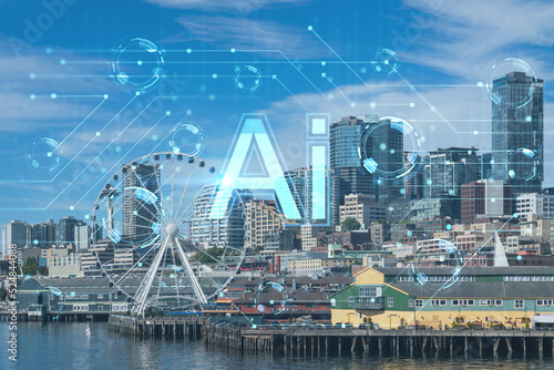 Seattle skyline with waterfront view. Skyscrapers of financial downtown at day time  Washington  USA. Artificial Intelligence concept  hologram. AI  machine learning  neural network  robotics