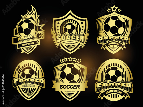 Illustration of golden soccer logo or label set