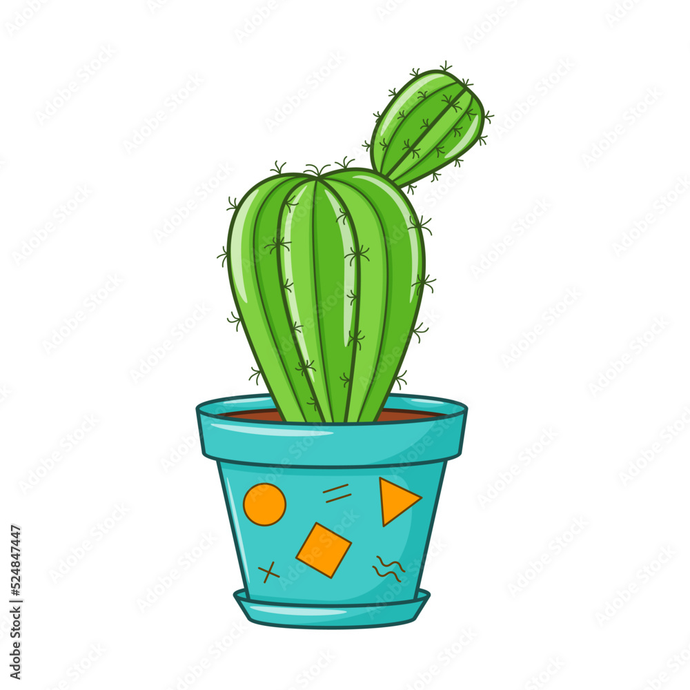 Vector cartoon cactus in pot. Indoor succulent plant with thorns. Cacti for home and interior. Colorful botanical doodle illustration isolated on white background. Vector cartoon cactus in pot. Indoor succulent plant with thorns. Cacti for home and interior. Colorful botanical doodle illustration isolated on white background.