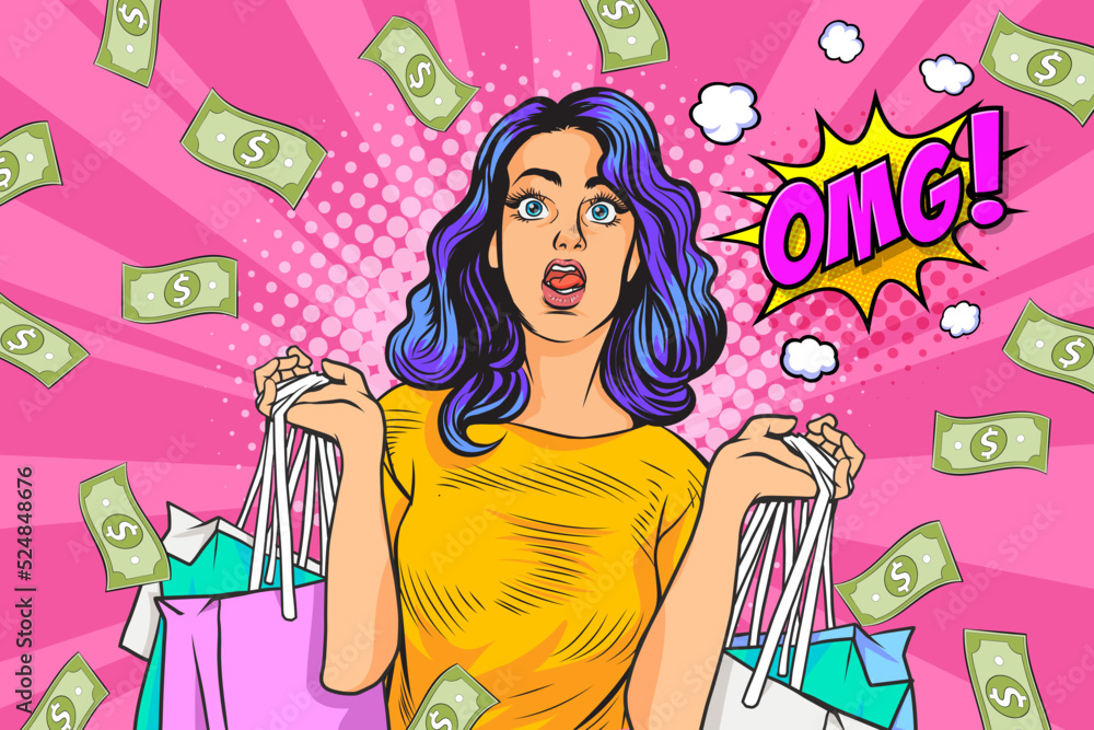surprise business woman successful and shocking with Falling Money say WOW OMG Pop art retro comic style surprise business woman successful and shocking with Falling Money say WOW OMG Pop art retro comic style