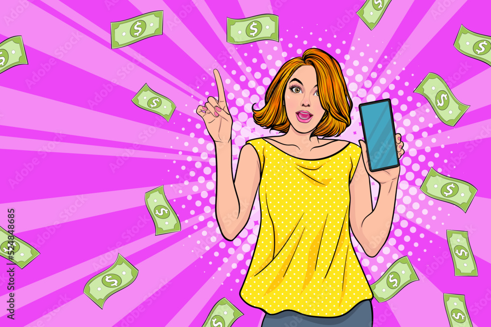 surprise business woman successful and shocking with Falling Money say WOW OMG Pop art retro comic style surprise business woman successful and shocking with Falling Money say WOW OMG Pop art retro comic style