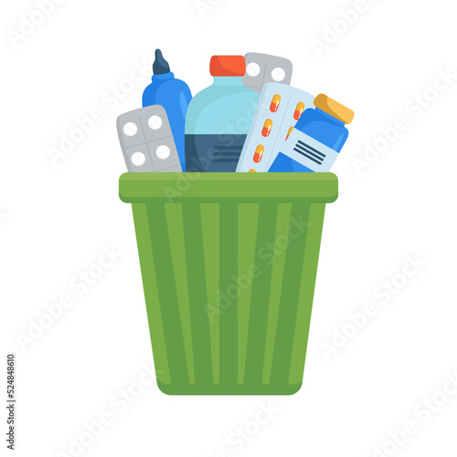 Waste container for expired medicines. Separate waste collection. Drugs in trash can. Trash can on background of leaves. Separate recycling concept. Vector illustration
