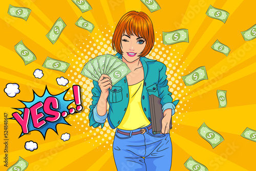 surprise business woman successful and shocking with Falling Money say WOW OMG Pop art retro comic style