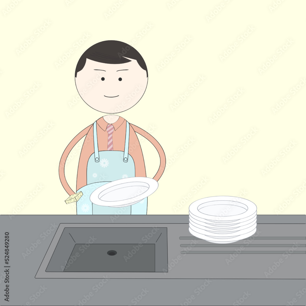 householder in an apron washes dishes in a linear style, cartoon householder in an apron washes dishes in a linear style, cartoon