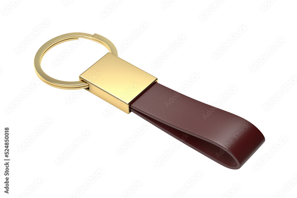 Luxury gold keychain with leather strap on transparent background Stock