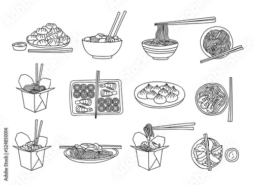 Chinese food doodle illustration set in vector. Japanese food in vector. Hand drawn chinese cuisine doodle illustrations set. Hand drawn japanese food icons set.