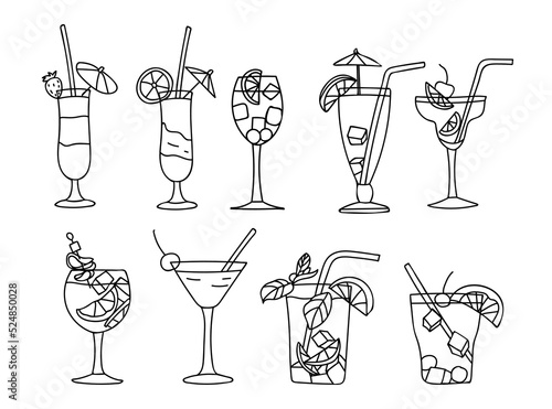 Cold summer cocktail doodle illustration set in vector. Cocktail hand drawn illustrations collection in vector. Cold lemonade doodle illustration set