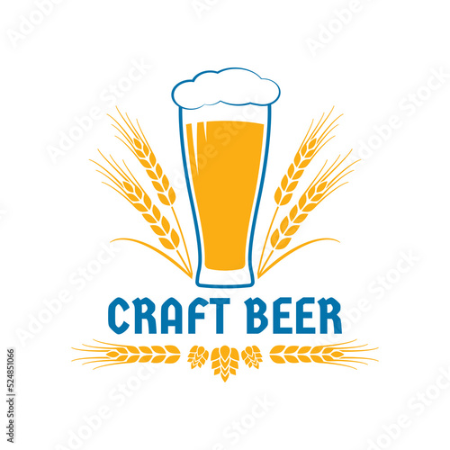 Craft beer logo or icon. Brewery label, badge with beer glass or pint, hop and wheat. Alcohol drink, bar or pub emblem design. Vector illustration.