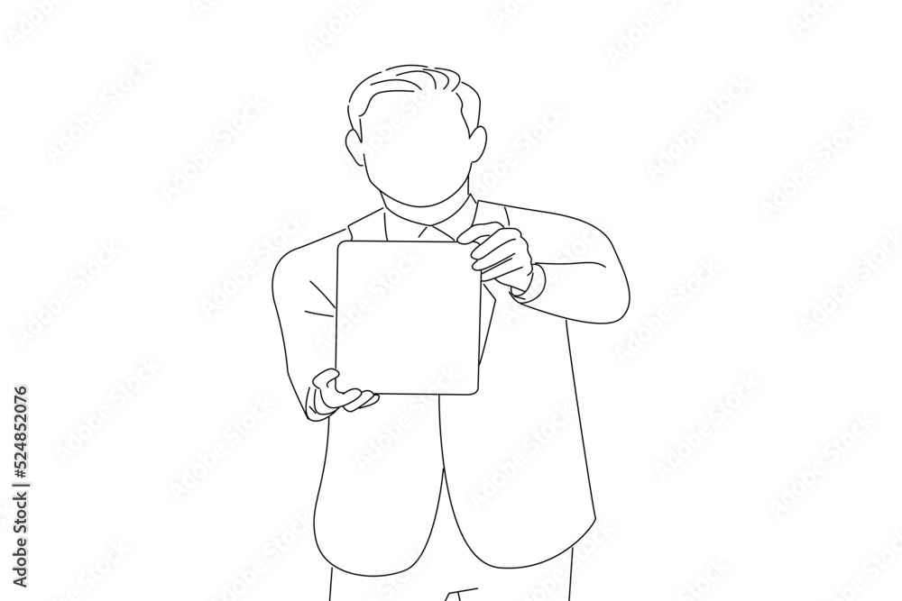 Illustration of creative young programmer presents display a tablet. One line art