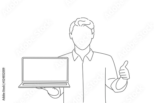 Cartoon of young businessman holds open laptop with blank white screen, showing thumbs up gesture. Outline drawing style art