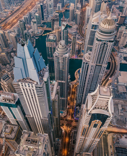 Aerial drone shot of the cityscape of Dubai Marina in Dubai, United Arab Emirates