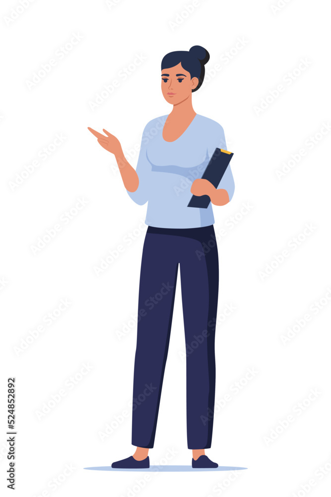 Woman introduce, show and present something. Business speaker standing with clipboard and pointing direction, gesturing with arm. Female presenter. Vector illustration. Woman introduce, show and present something. Business speaker standing with clipboard and pointing direction, gesturing with arm. Female presenter. Vector illustration.