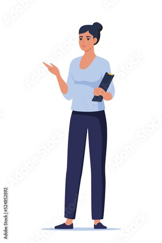 Woman introduce, show and present something. Business speaker standing with clipboard and pointing direction, gesturing with arm. Female presenter. Vector illustration.