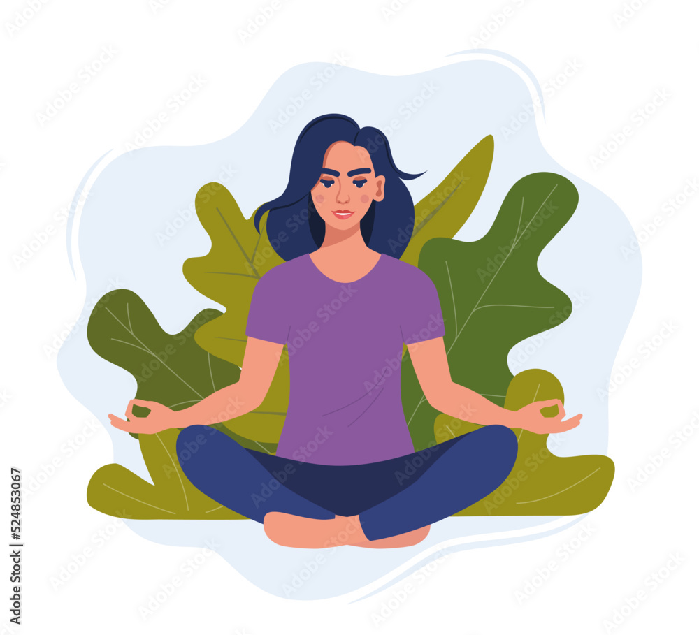 Young woman sitting cross legged on floor and meditating. Meditation, relaxation at home, spiritual practice, yoga and breathing exercise. Flat vector illustration. Young woman sitting cross legged on floor and meditating. Meditation, relaxation at home, spiritual practice, yoga and breathing exercise. Flat vector illustration.