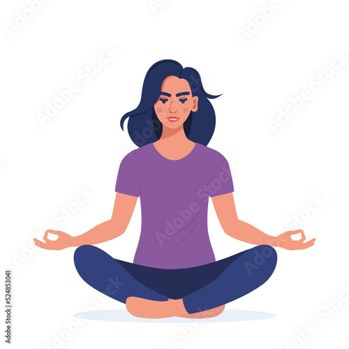 Young woman sitting cross legged on floor and meditating. Meditation, relaxation at home, spiritual practice, yoga and breathing exercise. Flat vector illustration.
