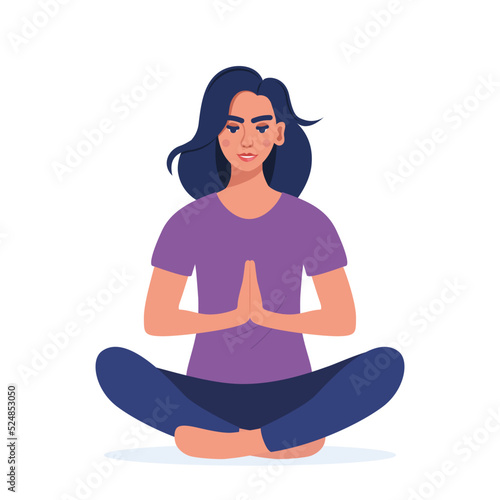 Young woman sitting cross legged on floor and meditating. Meditation, relaxation at home, spiritual practice, yoga and breathing exercise. Flat vector illustration.
