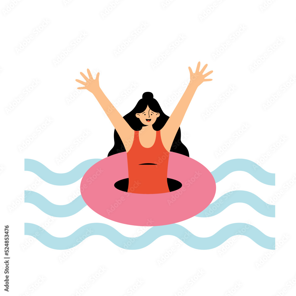 girl swims in the sea with a circle