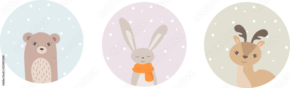 Obraz premium Forest children's illustration with animals. Bear, deer, hare. Perfect as a sticker, postcard, poster, fabric, design