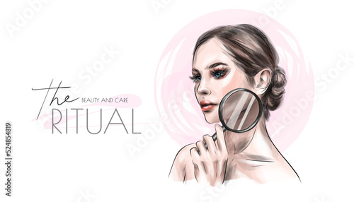 VECTOR stylish original hand-drawn graphics portrait with beautiful young attractive girl model for design. Fashion, style, beauty . Graphic, sketch drawing. Sexy woman