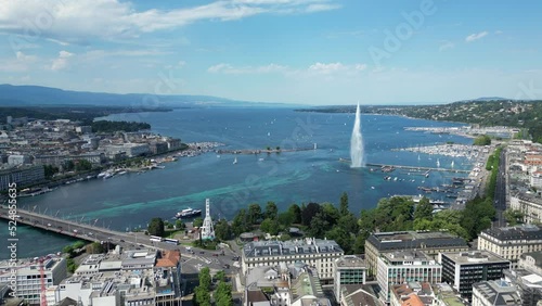 Panoramic view over the rooftops of the city, jet fontain, the bay of Geneva and the Lake Geneva