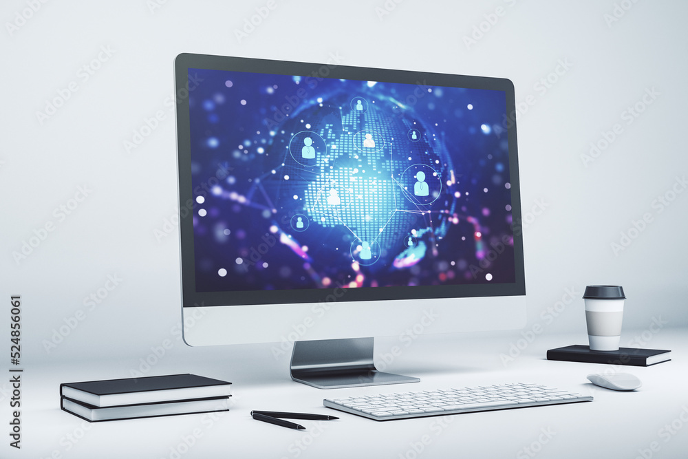 Social network concept with world map on modern laptop screen. 3D Rendering Social network concept with world map on modern laptop screen. 3D Rendering