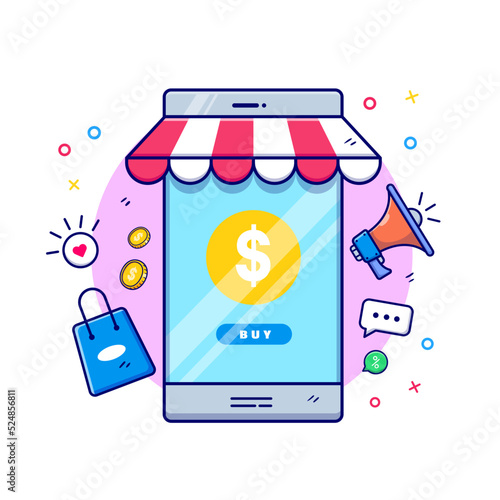 online shopping on smartphone cart checkout online shop online product illustration vector cartoon icon