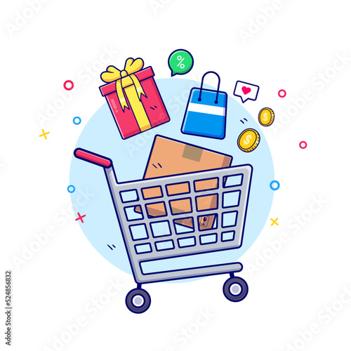 online shop cart checkout product, gift box, shopping bag, discount illustration vector cartoon icon