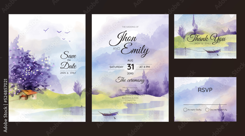 Beautiful mountain landscape watercolor background on wedding invitation